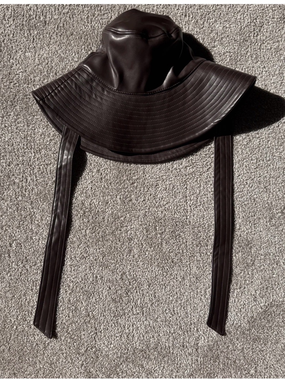 Black Faux Leather Wide Brim Hat with Chin Straps